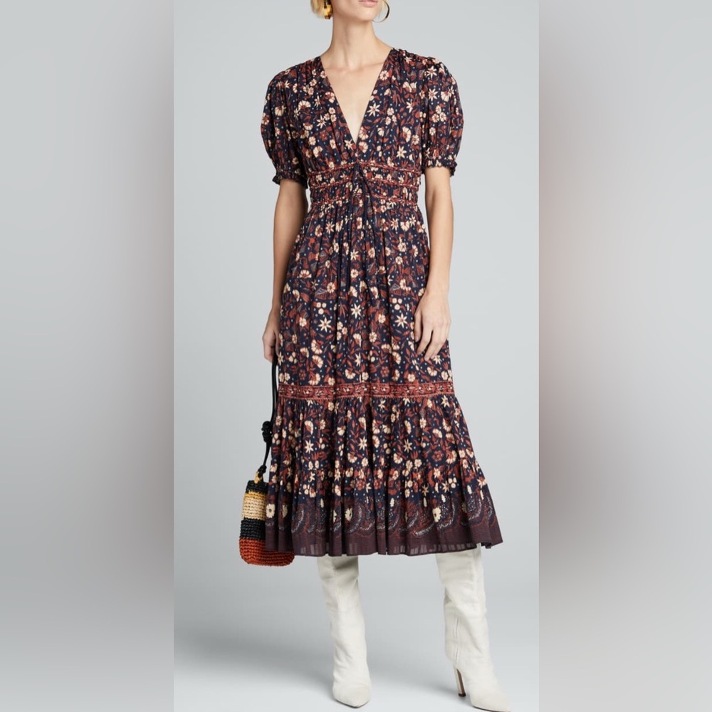 Ulla Johnson Zaria Printed V-Neck Midi Dress size 8 (M)